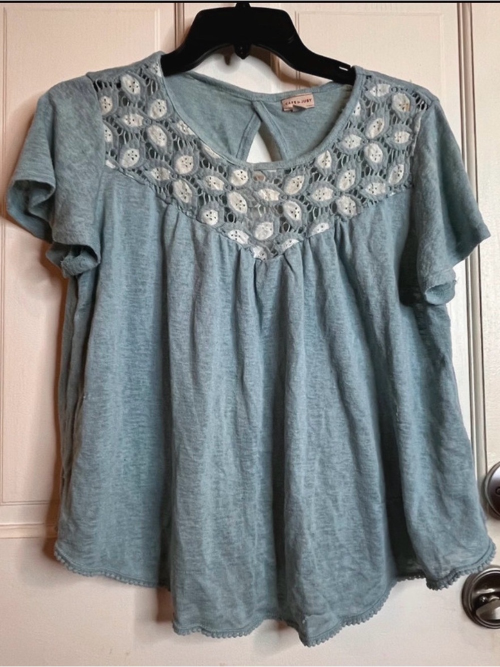Cape Juby Dusty Blue Crochet Yoke Short Sleeve Top